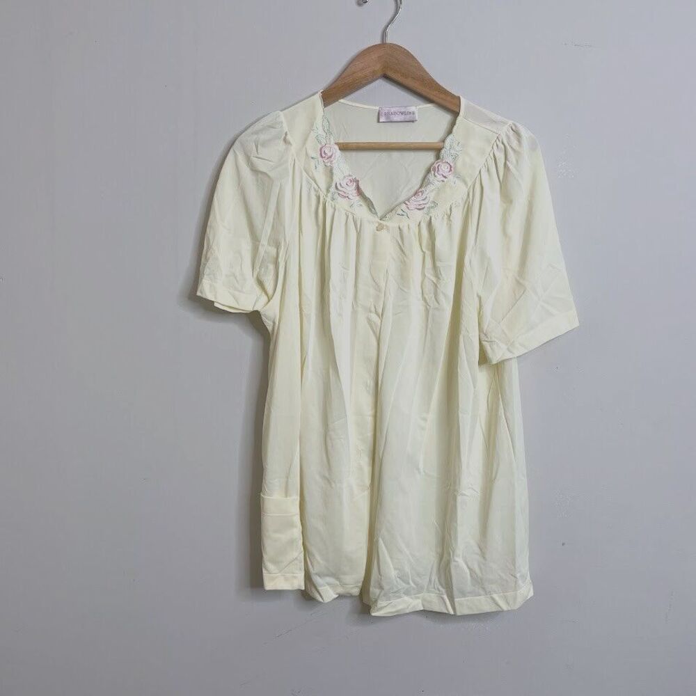 Pajama Top Vtg Shadowline Size Medium Yellow Rose Embroidery Jacket Granny Core
